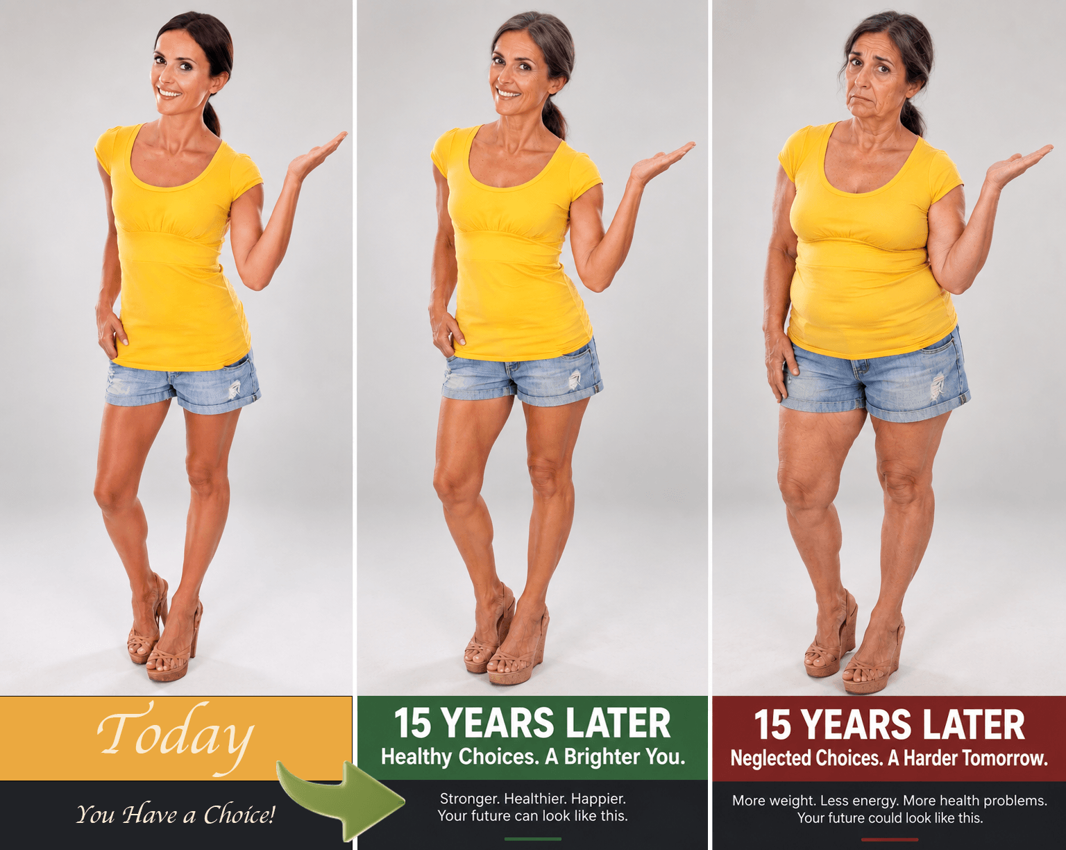 Your Body Audit HERO image — before and after pics of a woman again 20 years into the future, both good and bad aging compared side-by-side